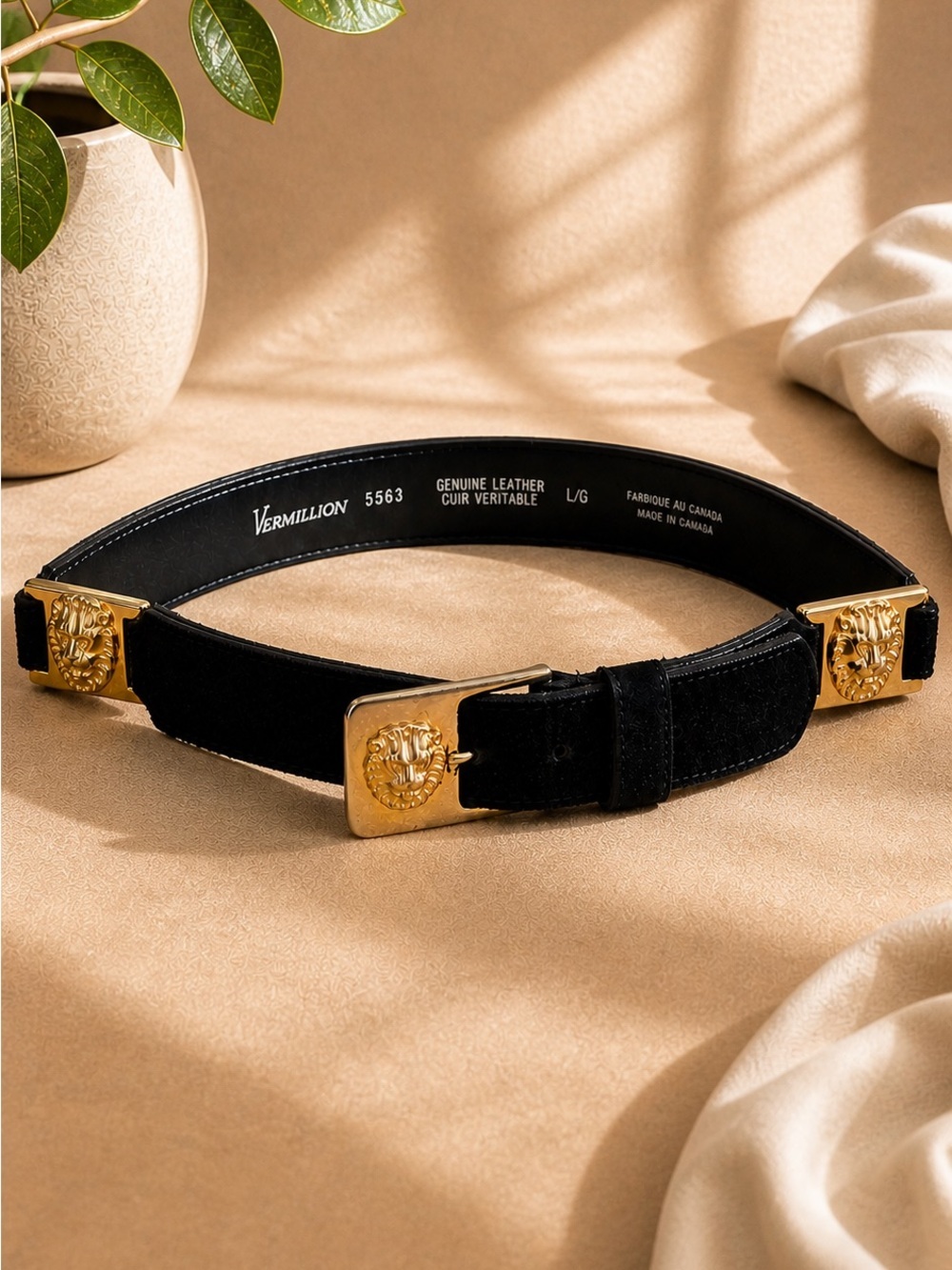 Vermillion Black Suede Belt Gold Lion Buckle Made in Canada Old Money Vintage - Picture 2 of 10
